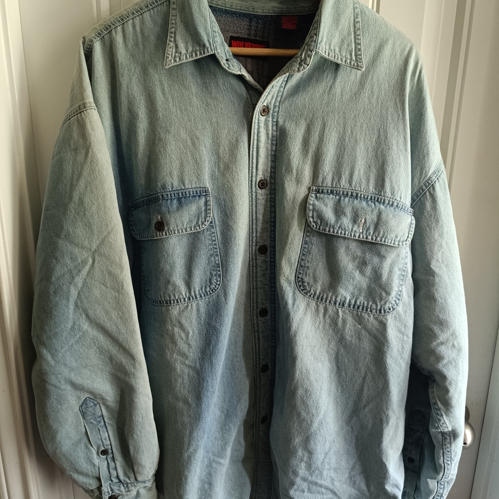 WOLVERINE DENIM FLEECE LINED Shirt XL Workwear Warm Distressed Boho Cotton Grung